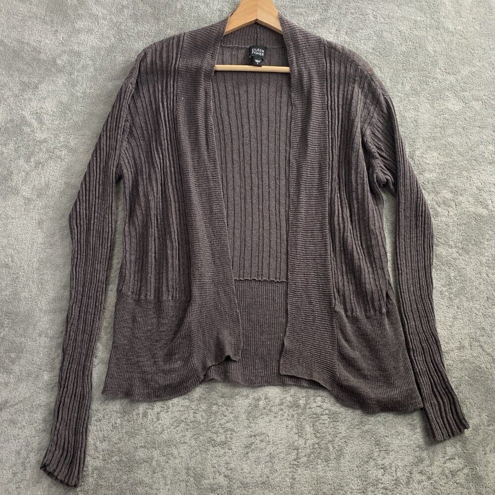 Eileen Fisher Sweater Womens Large Cardigan Open Front Linen Brown Knit Casual